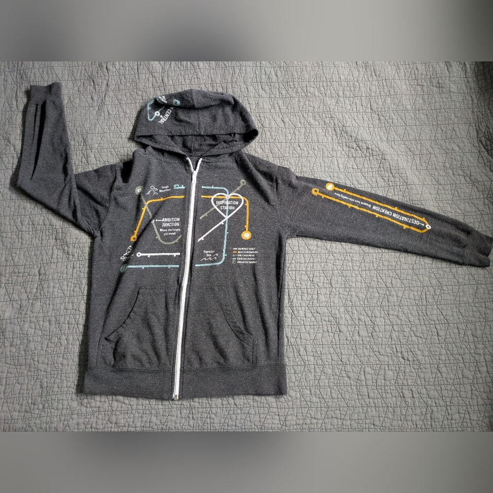 Caribou Coffee Full Zip Hoodie Gray Long Sleeve City Map Sweatshirt Medium Large